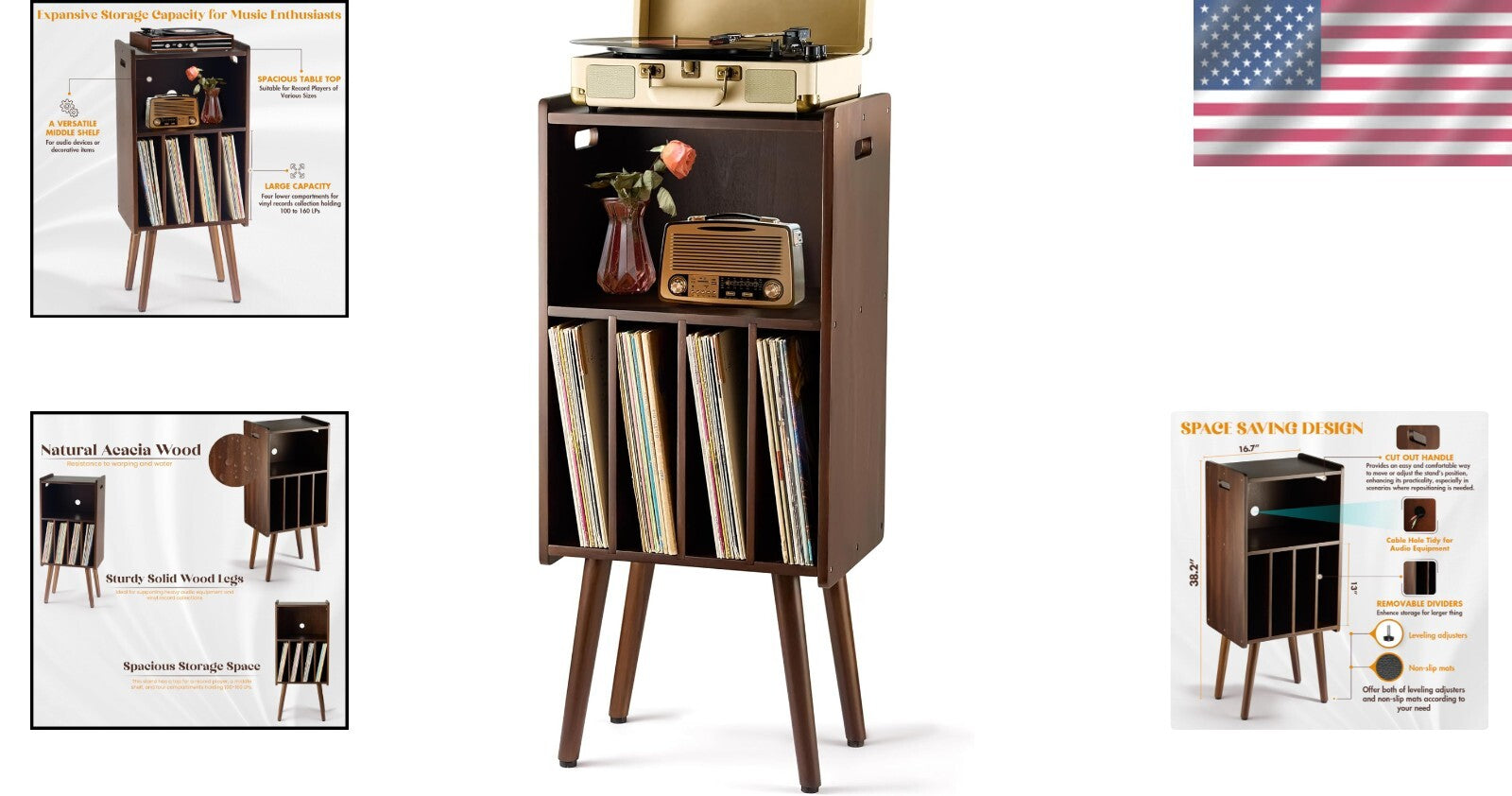 Mid-Century Modern 3-Tier Turntable Stand & Vinyl Storage for 160 Records