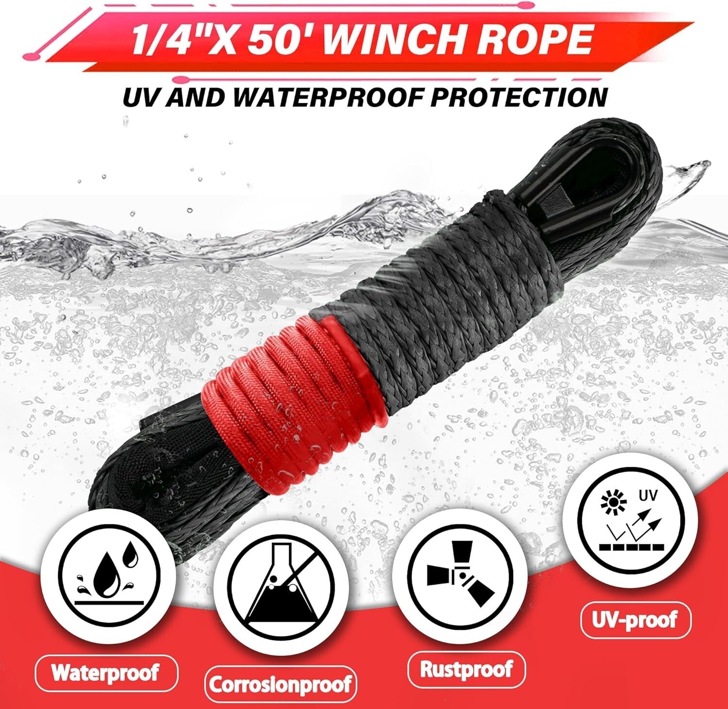 1/4''x50' Synthetic Winch Rope with Hook & Safety Strap - 35000 Lbs Strength