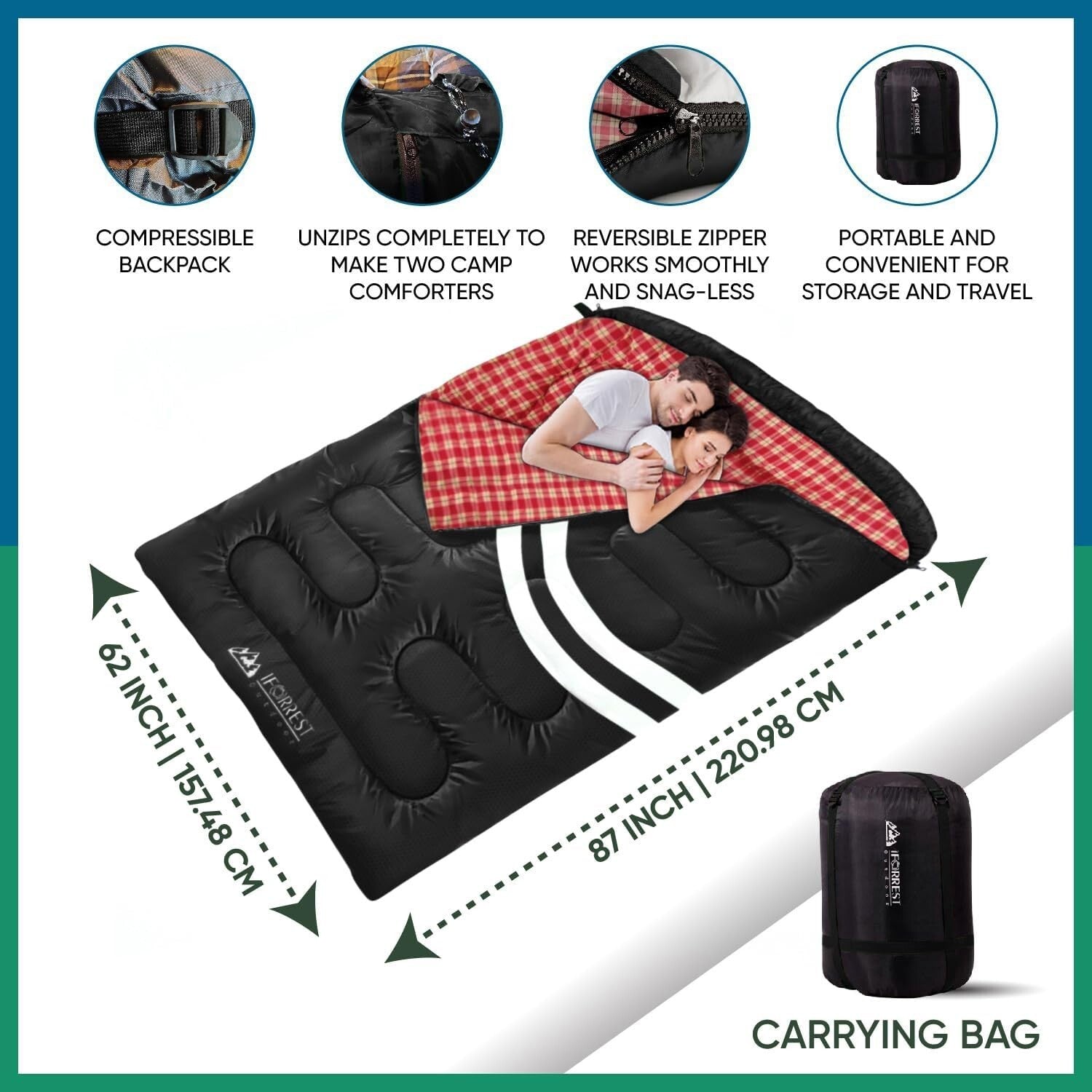 10°F Cotton Flannel Double Sleeping Bag - Waterproof, 2-Person Travel Essential