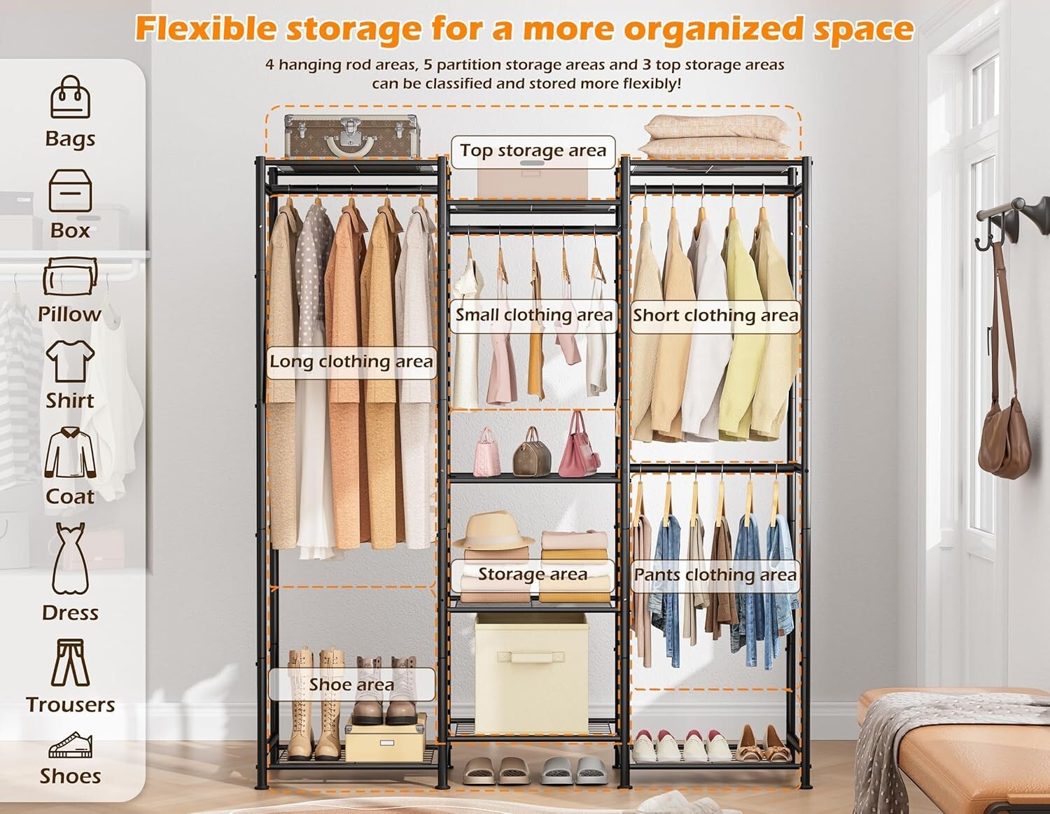 Large Portable Wardrobe with 4 Hanging Spaces & 8 Shelves - Stylish Organization