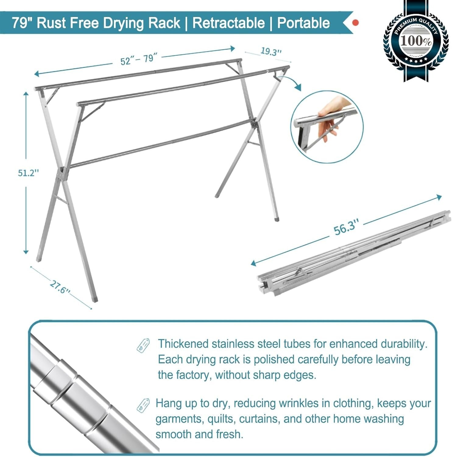 Collapsible 79" Clothes Drying Rack with 20 Hooks - Lightweight & Portable