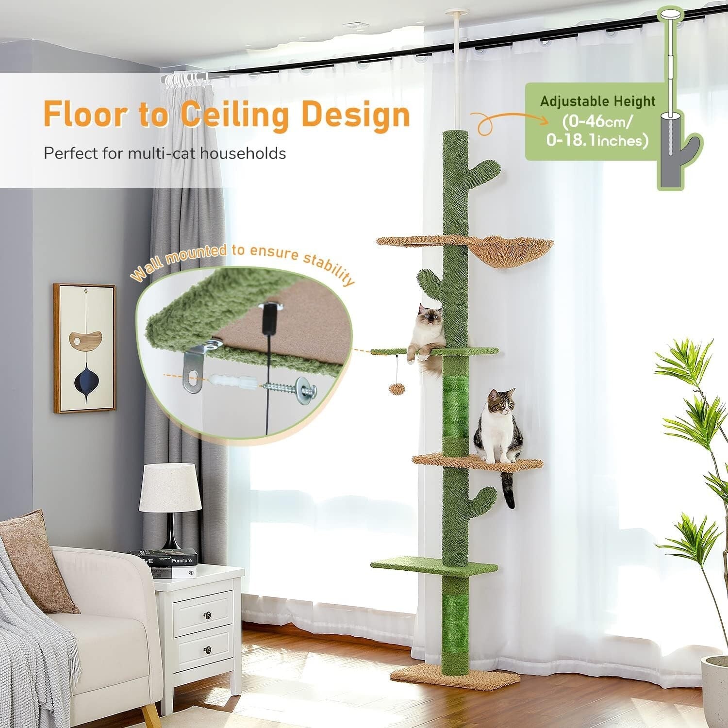 Floor to Ceiling Cat Tree - Cactus Design with Hammock & Scratching Posts