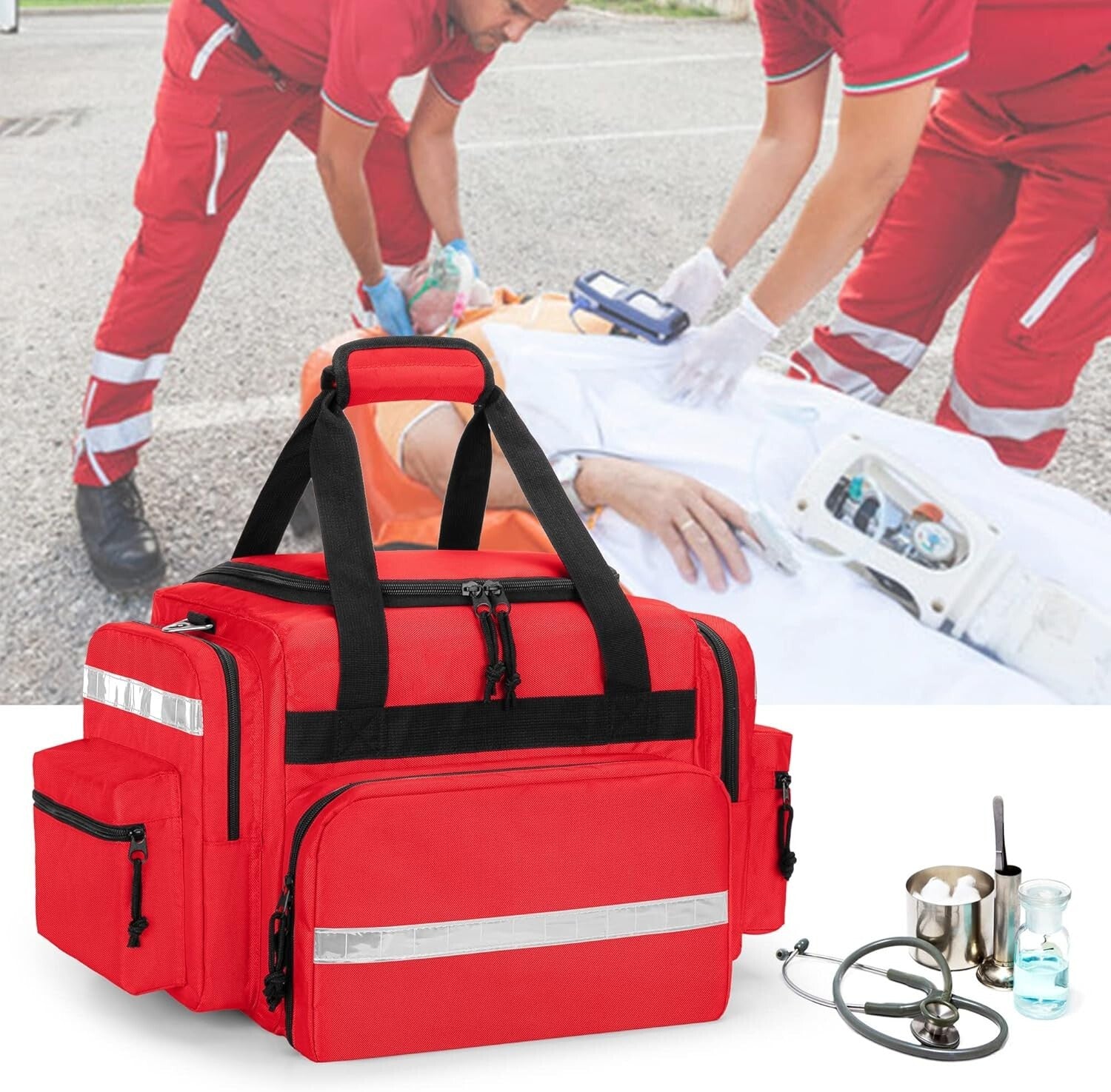 Lightweight Red Trauma Bag with Multiple Pockets - Perfect for EMT & Outdoor Use