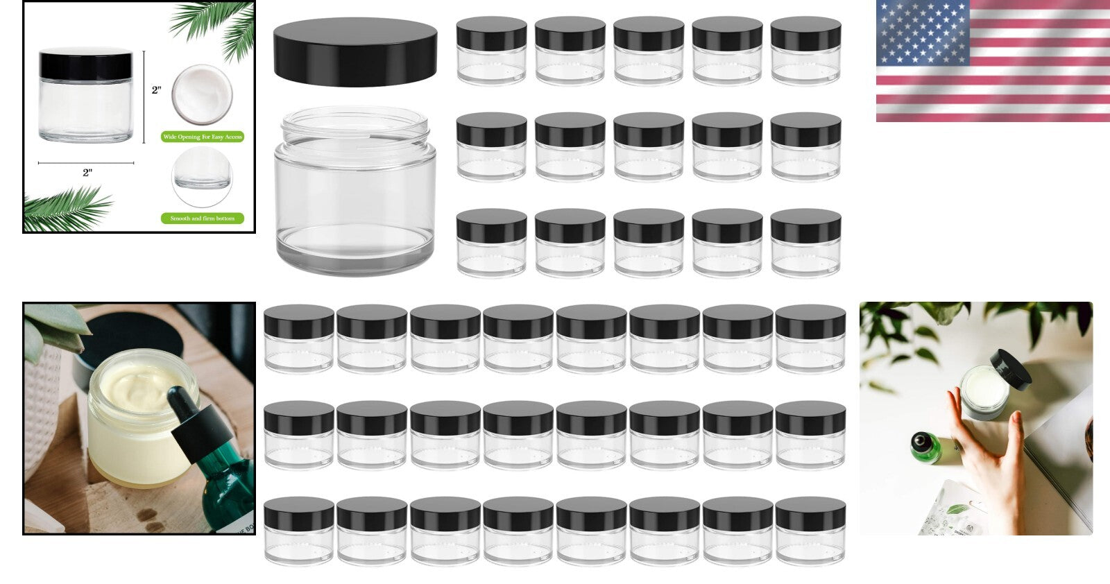Stackable 2oz Clear Glass Jars with Airtight Black Lids - Ideal for Travel & DIY
