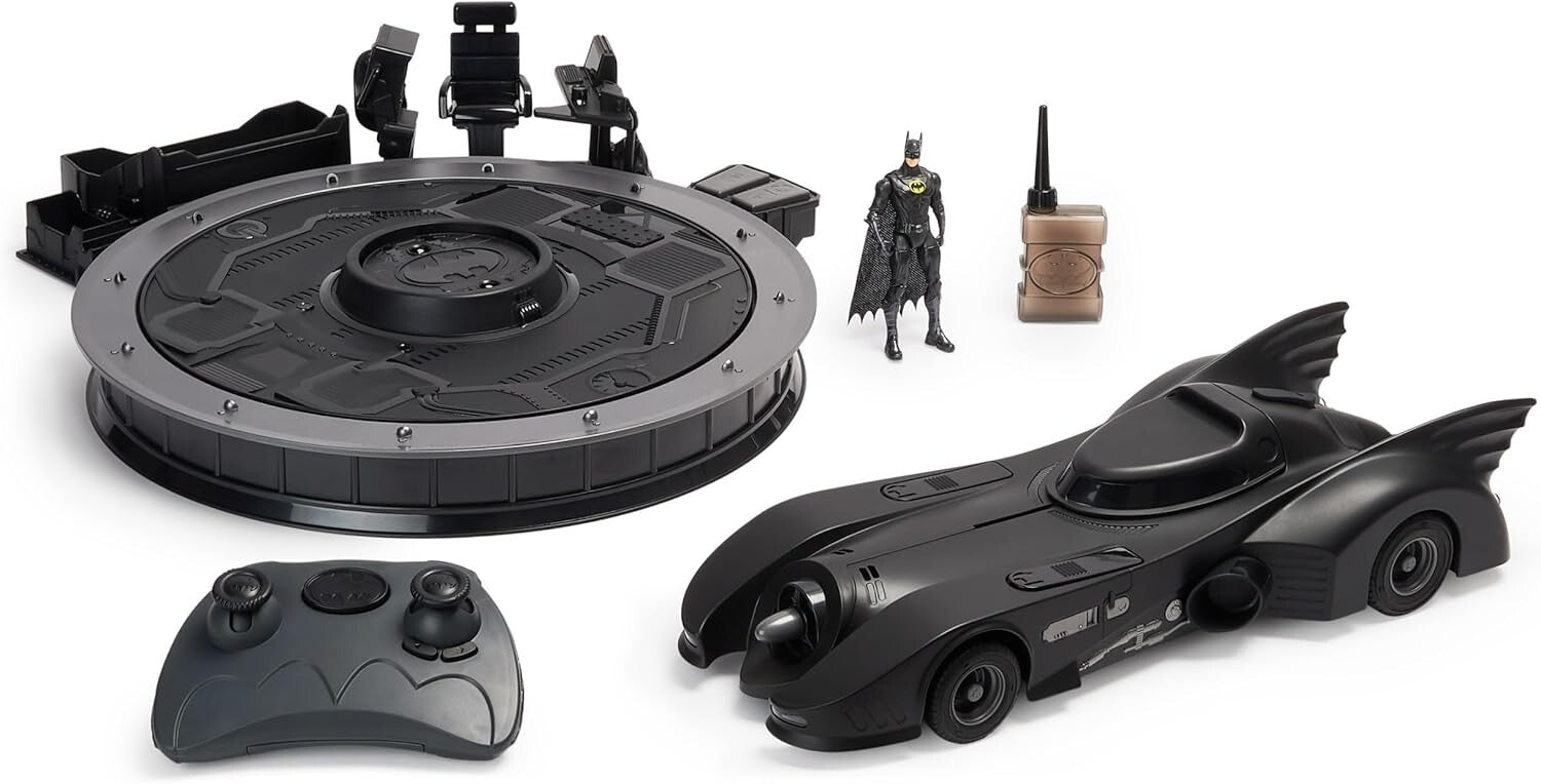 Dynamic 1989 Batmobile RC with Light-Up Features & Rotating Batcave Display Base