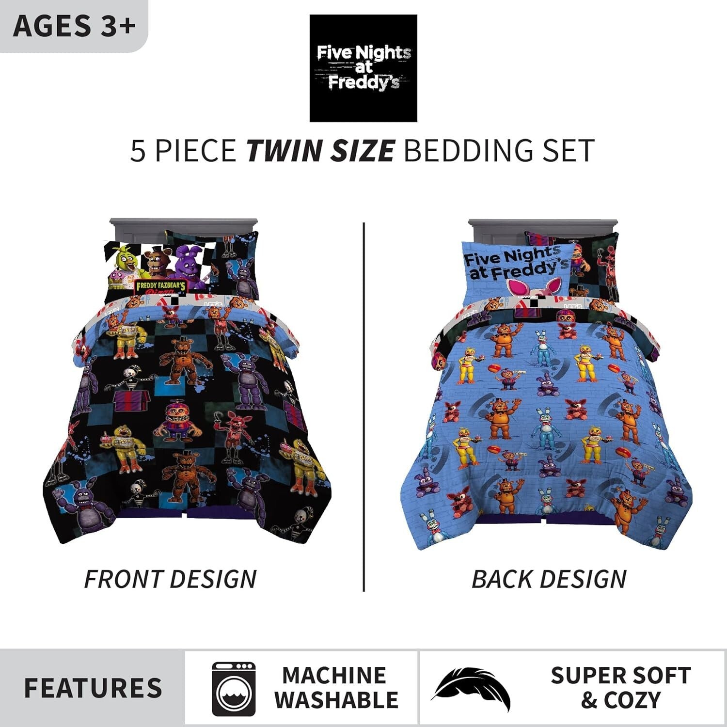 Cozy Reversible 5 Piece Kids Bedding Set - Five Nights At Freddy's Twin Size