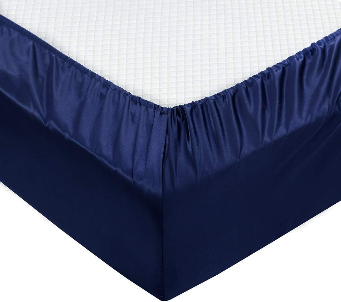 6-Piece Navy Blue King Size Satin Sheet Set - Deep Pocket & Luxurious Comfort