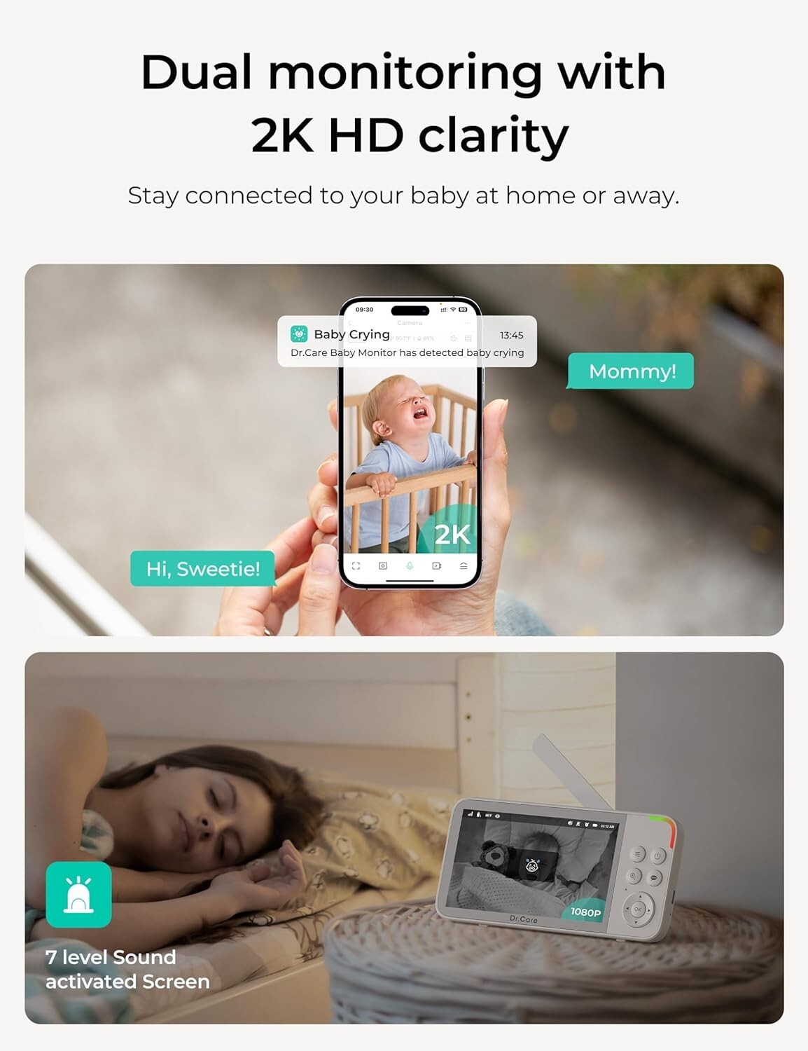 2K Resolution Baby Monitor with 5000mAh Battery & Cry Alerts - Ideal for Parents