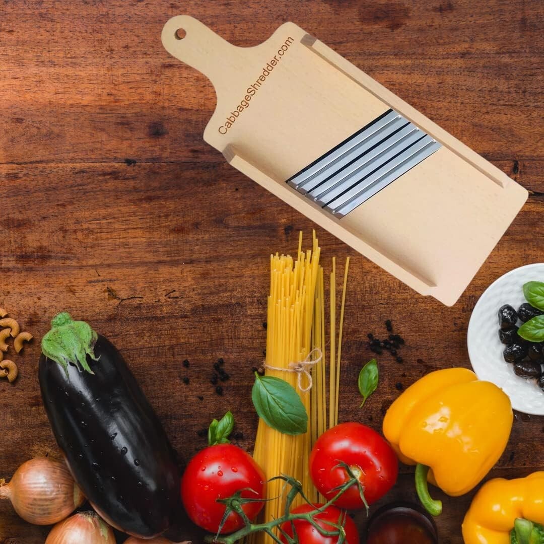 Effortless Food Prep with Wooden Cabbage Shredder & 3 Stainless Steel Blades