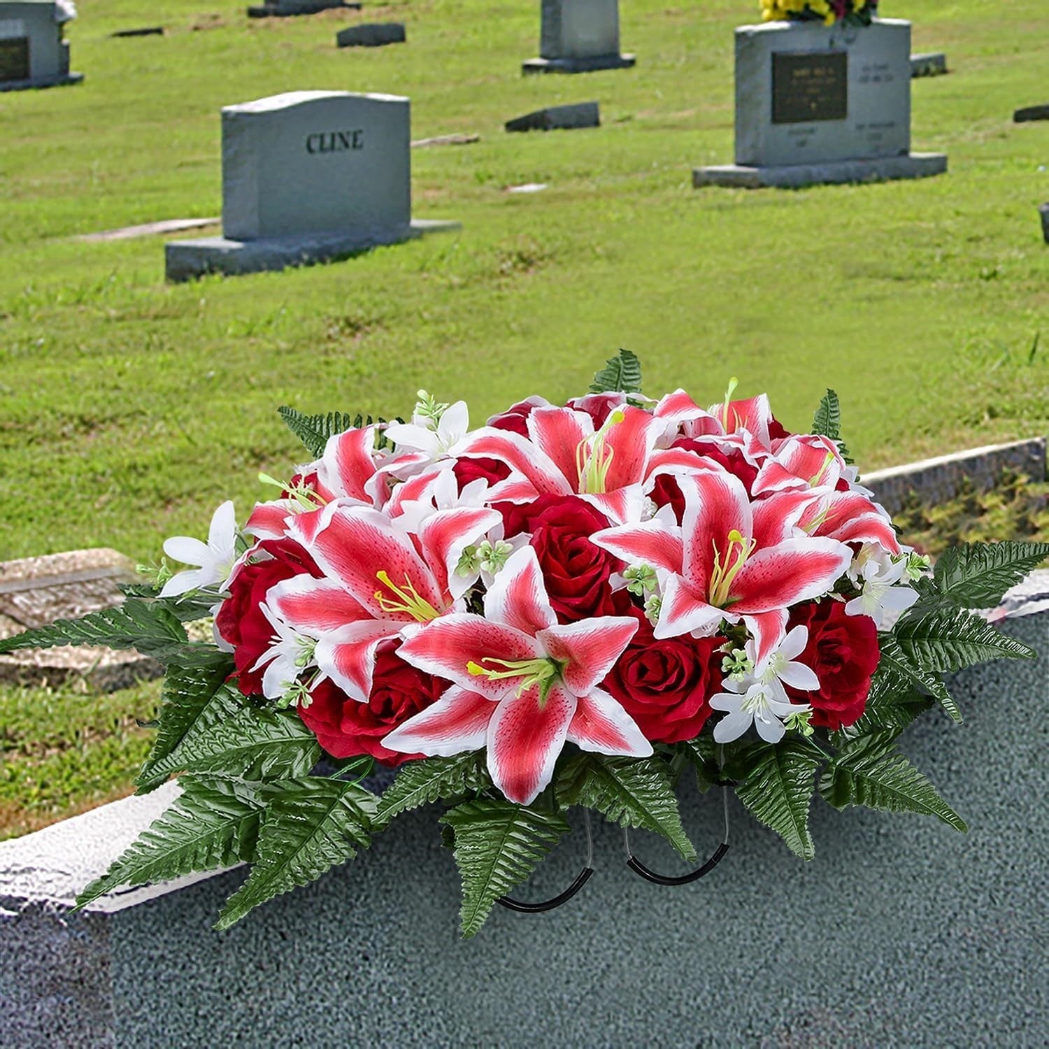 Elegant Artificial Cemetery Flower Saddle with 3 Bouquets for Headstone Decor