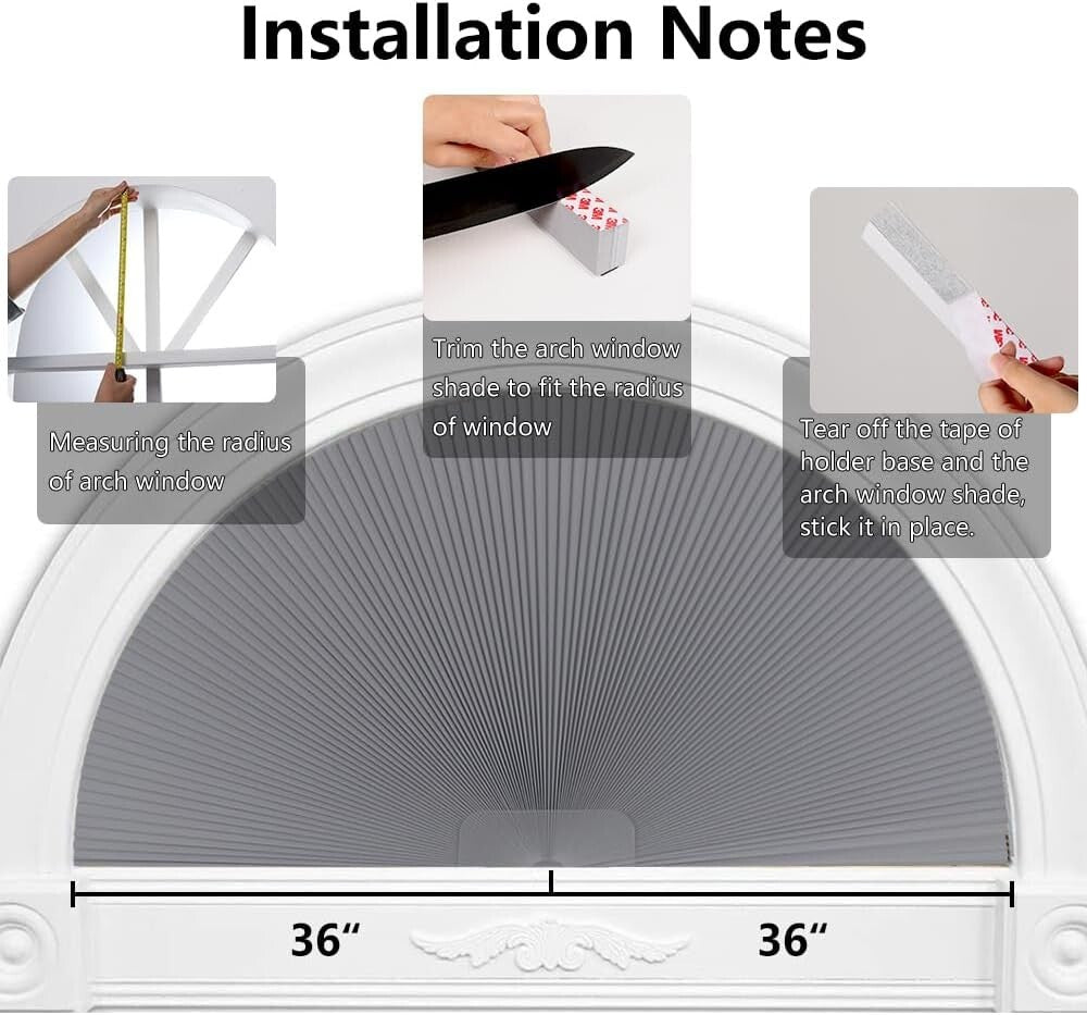 Customizable Dark Gray Blackout Shades for Arch Windows, 36" Radius, Cordless