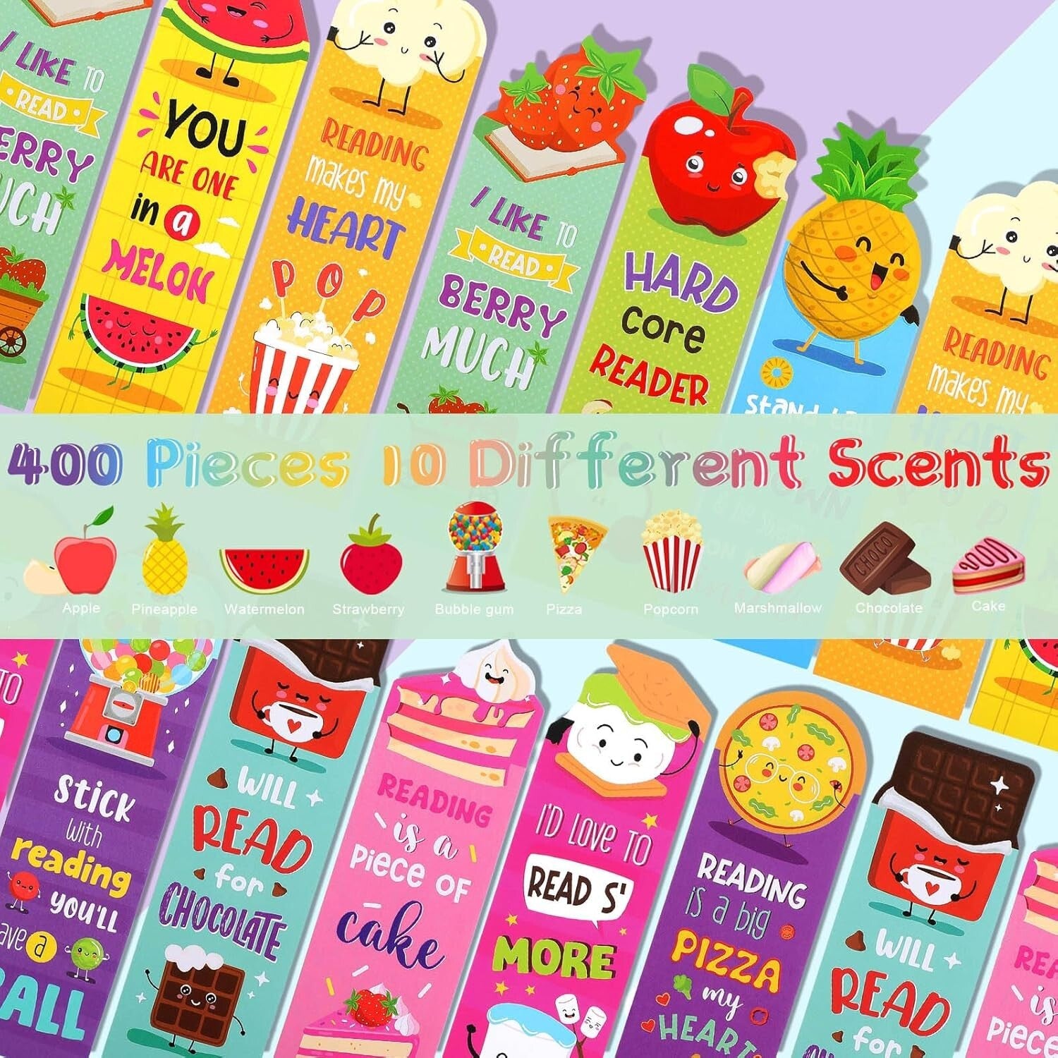 400 Scented Bookmarks with 10 Fun Fruit & Food Designs - Perfect Gifts for Kids