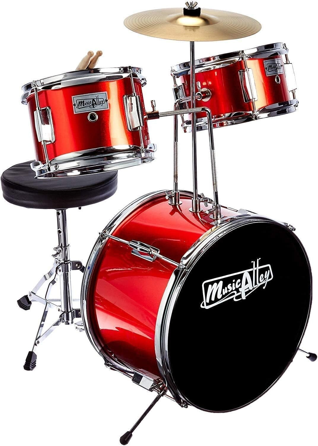 Authentic 3-Piece Drum Set for Kids with Adjustable Throne and Bass Pedal - Red