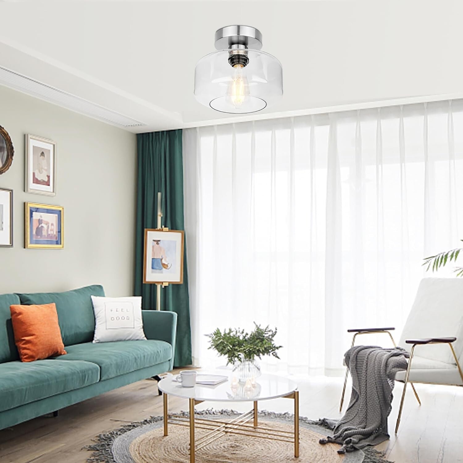 Semi Flush Mount Industrial Ceiling Light with Clear Glass and Brushed Nickel