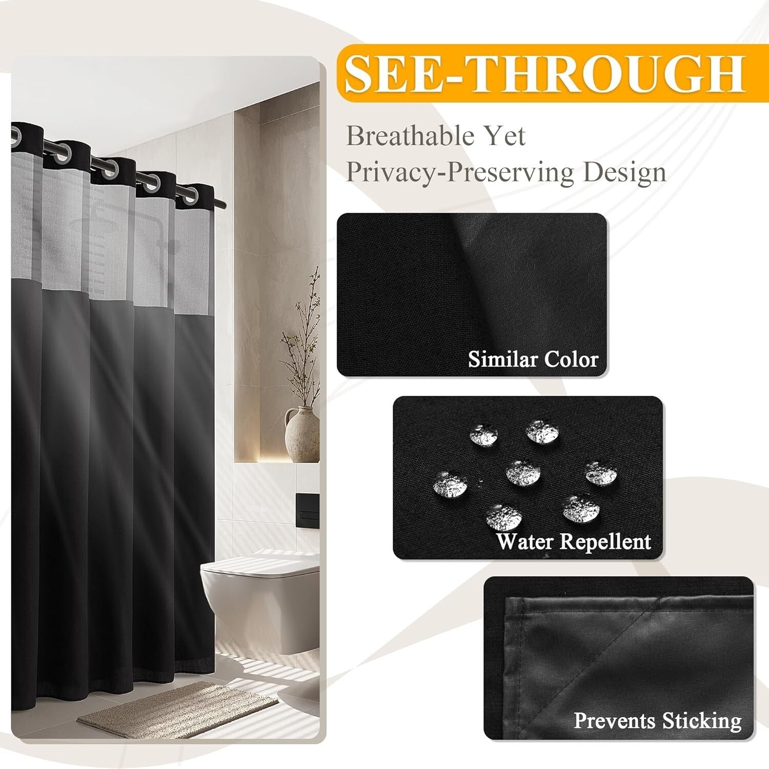 Black Hotel Luxury Shower Curtain and Liner Set with Removable Liner, 72W x 81L