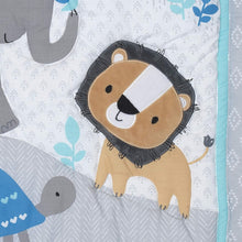 Load image into Gallery viewer, Blue and Gray 3-Piece Crib Bedding Set - Modern Jungle Adventure Theme
