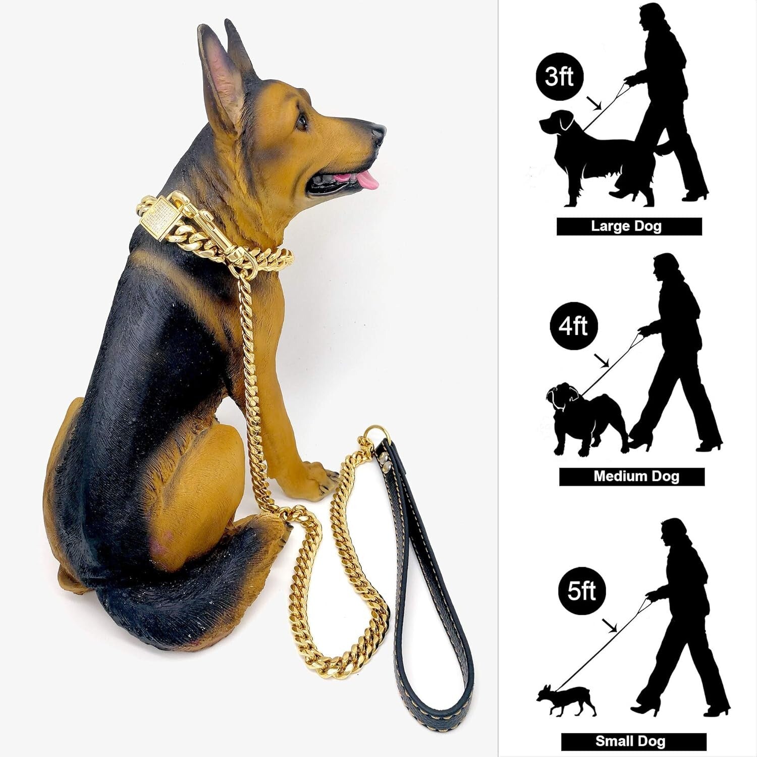 Stainless Steel Cuban Link Dog Leash with Padded Leather Handle for Large Breeds