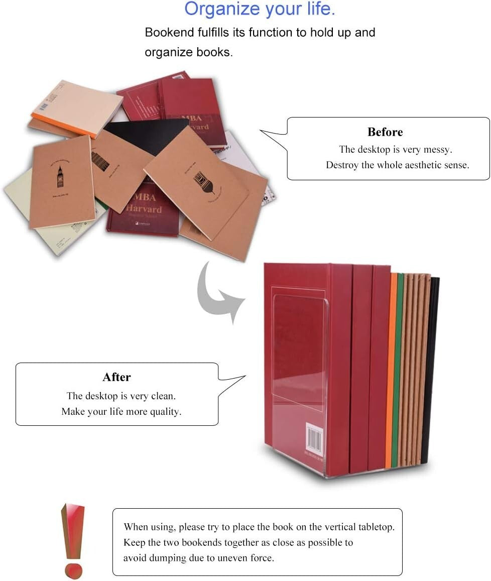 Elegant Transparent Book Stoppers for Neat Shelving - 20-Pack Acrylic Bookends