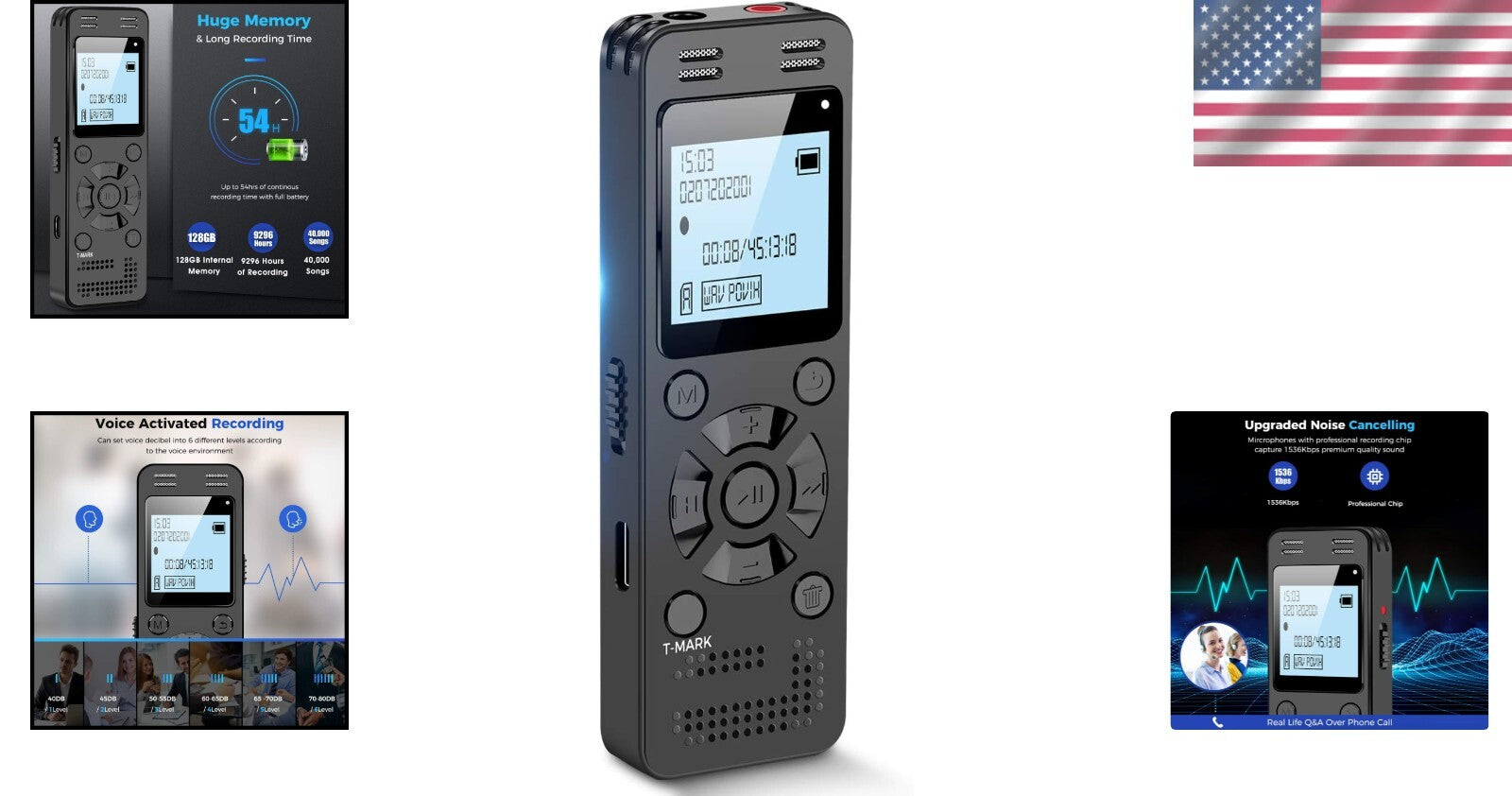 Rechargeable 128GB Voice Recorder with Password Protection & USB Transfer