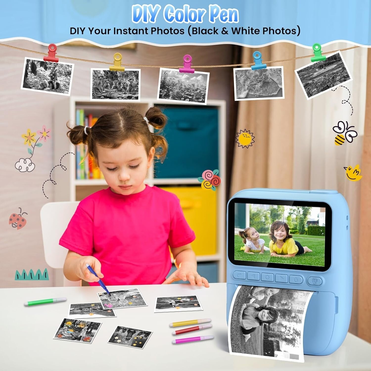 Exciting Instant Print Kids Camera with Built-in Flash & Color Pencils - Blue