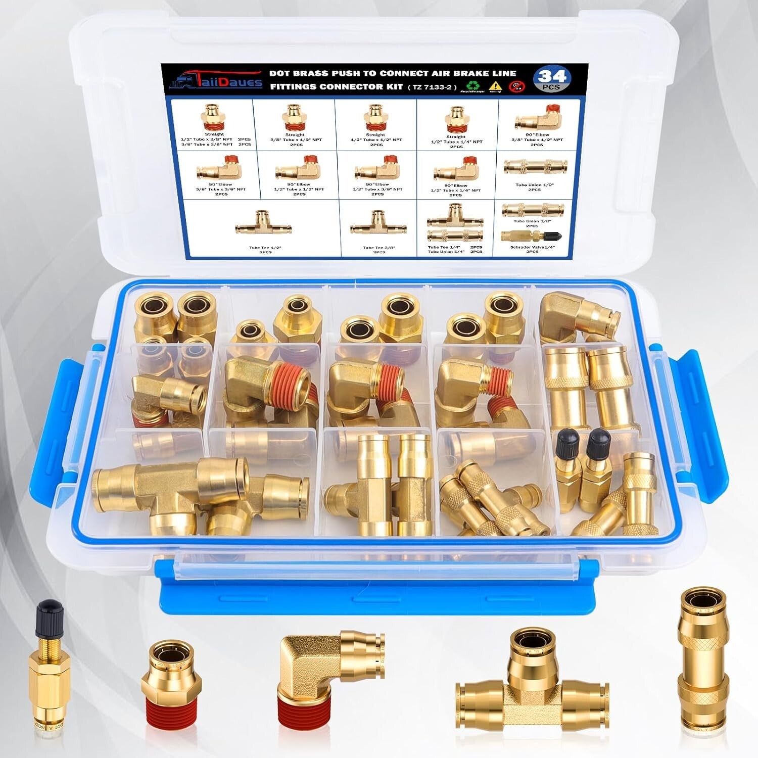 34 Pcs Brass DOT Air Brake Fittings Kit - Quick Connect for Trucks & Industry