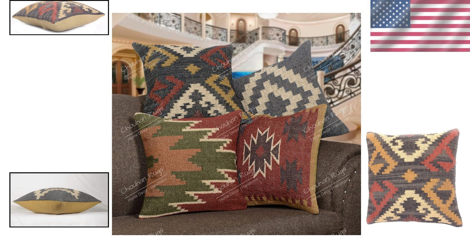 Durable 18x18 Hand Crafted Jute Kilim Cushion Covers - Set of 4 Vintage Style