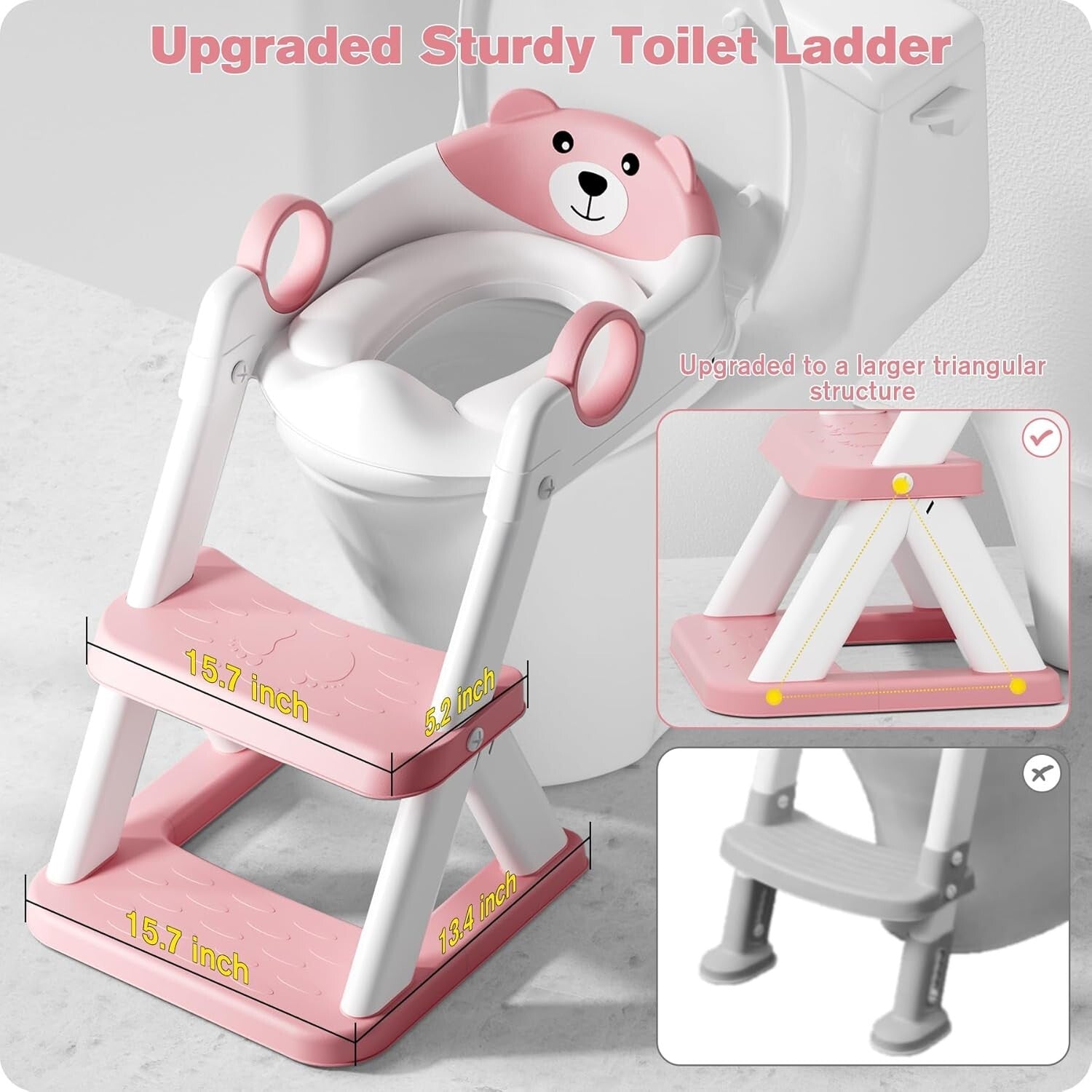2 in 1 Pink Potty Training Seat with Adjustable Height & Anti-Slip Step Stool