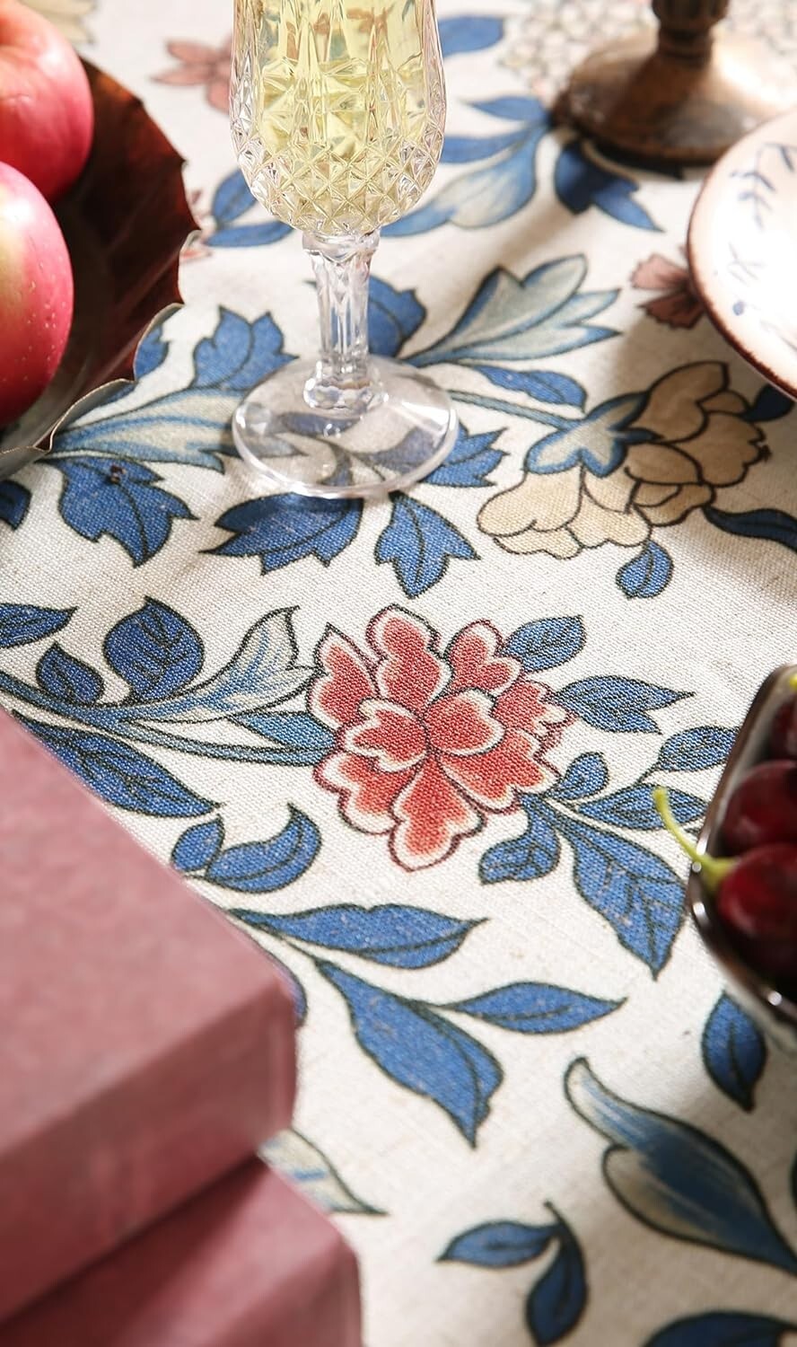 Designer Round Tablecloth with Leaves and Flowers Pattern - 55" All-Season Use