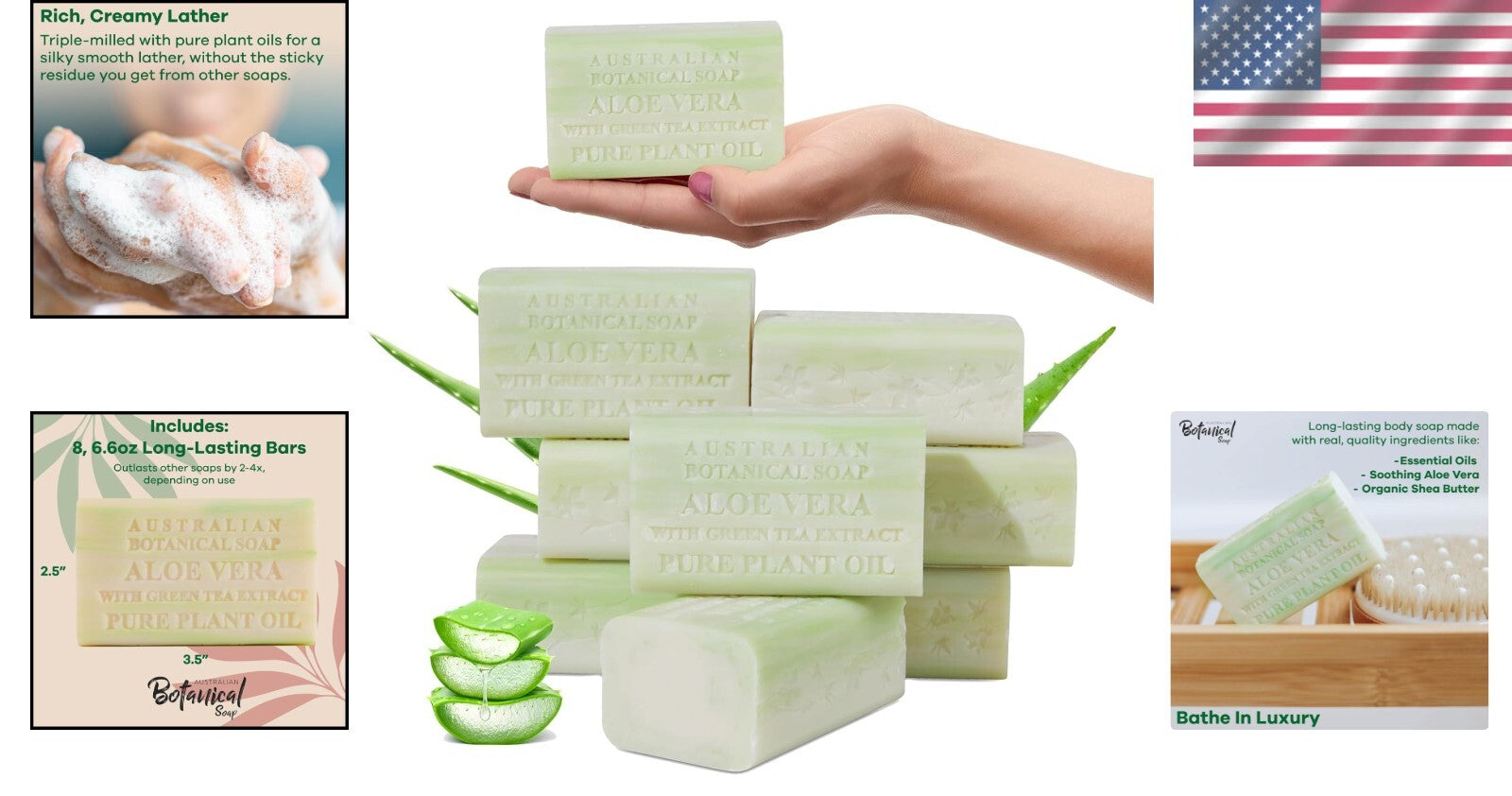 Eco-Friendly Aloe Vera & Green Tea Soap Bars - 8 Pack, Enriched with Shea Butter
