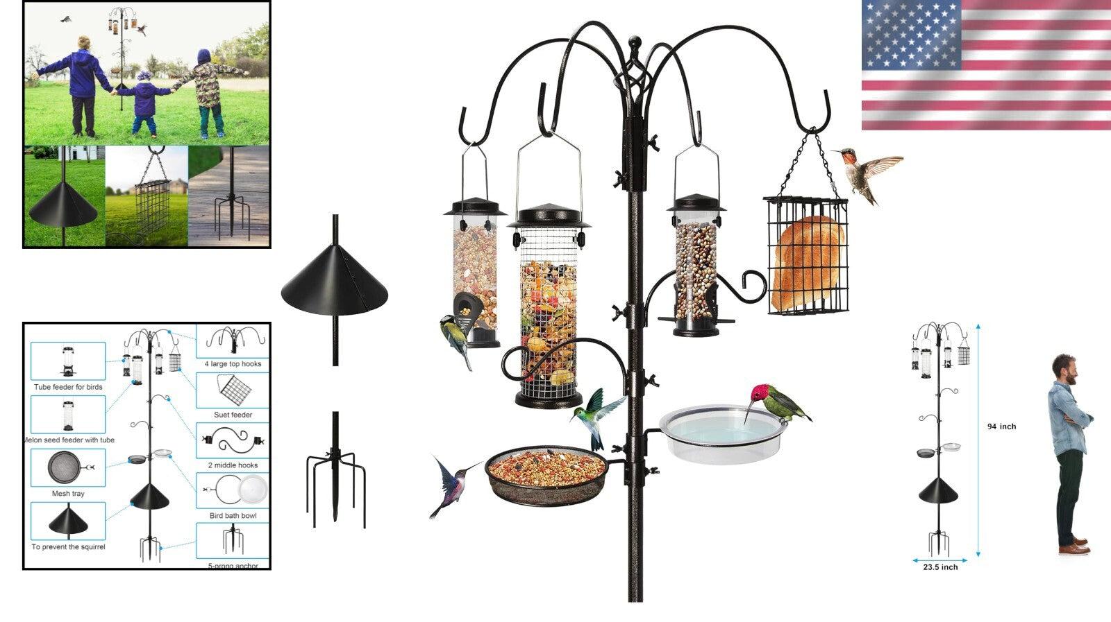 94-Inch Attracting Wild Birds Stand with 4 Feeders, Bath, & Squirrel Baffle