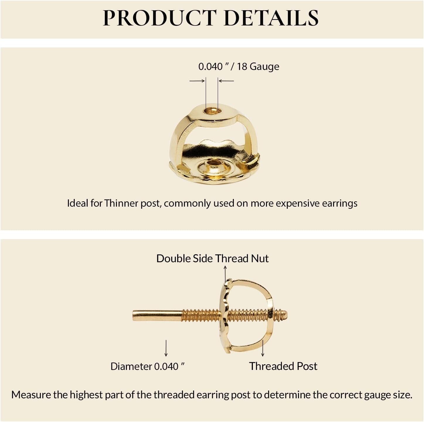 Threaded 14K Yellow Gold Earring Back, Polished & Skin-Safe - 0.040" Post