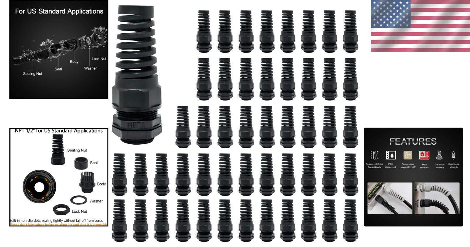 Durable 50-Piece NPT 1/2" Waterproof Cable Glands – Heat & Abrasion Resistant