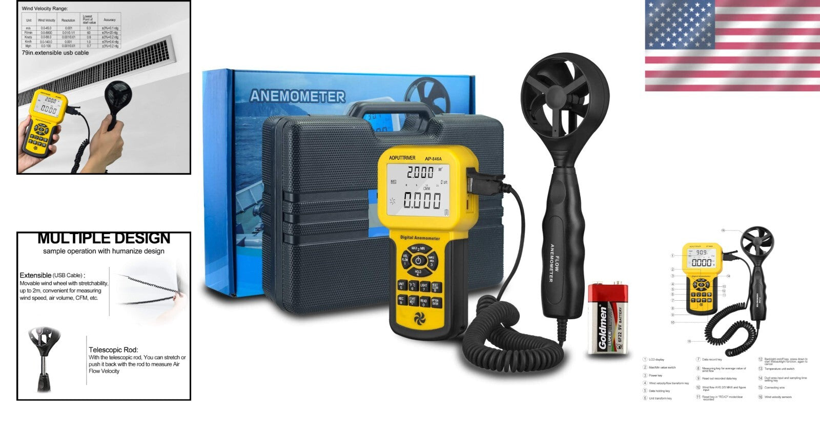 Compact Wind Speed Meter with Backlight - Multi-Function for HVAC Professionals