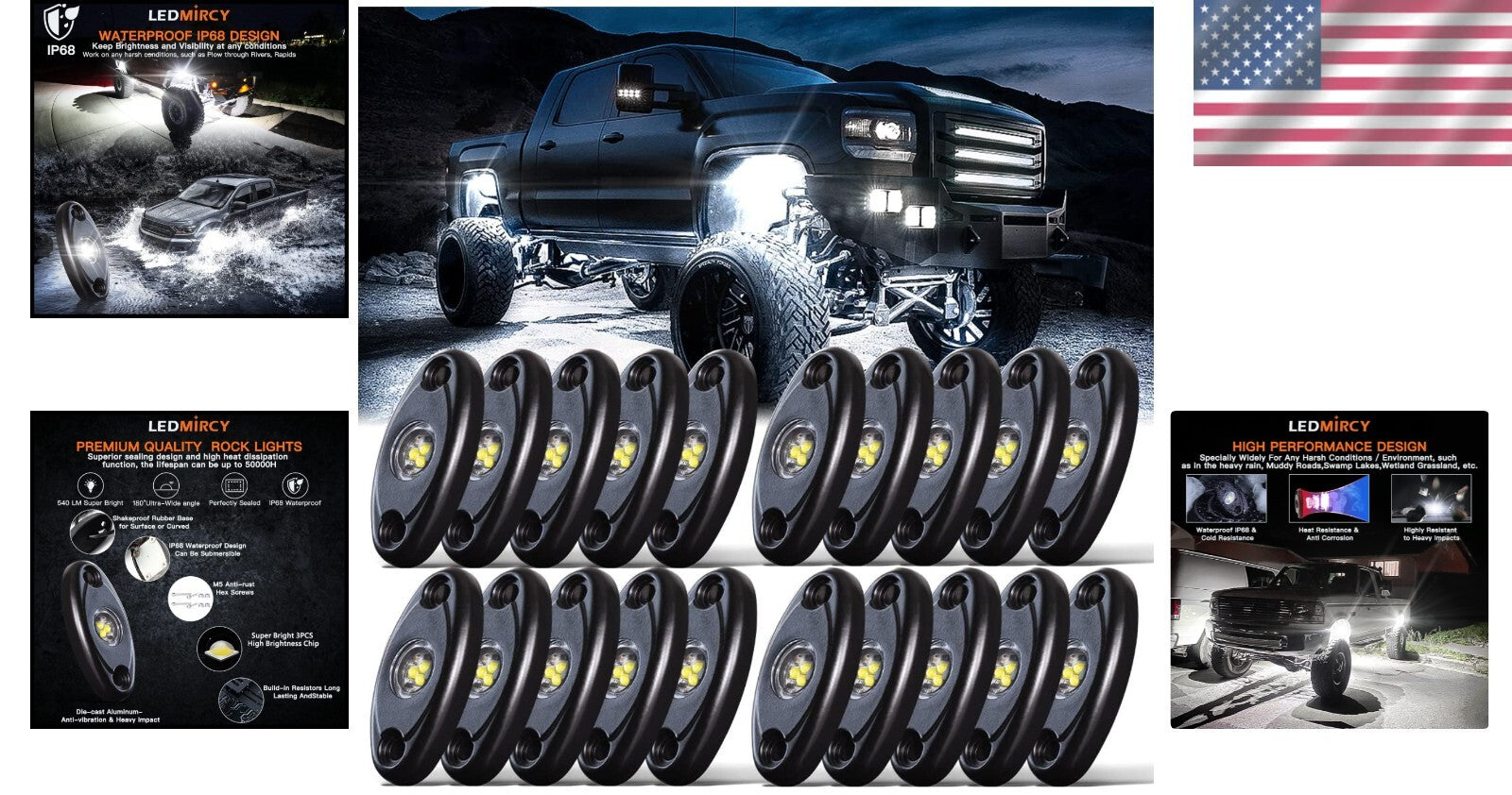 20-Pack Waterproof LED Rock Lights - High Power Pure White Underbody Lighting