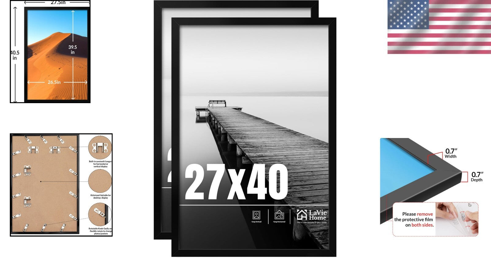 Elegant 27x40 Black Photo Frame Set - Lightweight with Matte Finish (2 Pack)