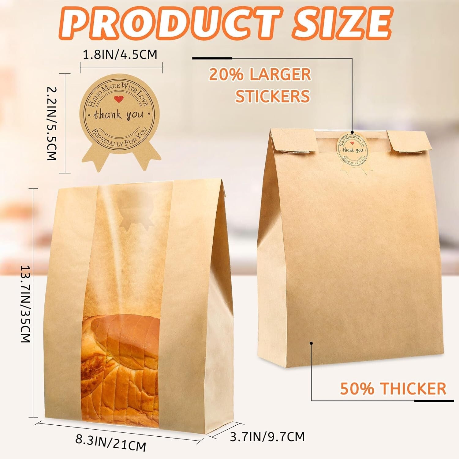 200 Pcs 50% Thicker Kraft Brown Bread Bags with Window & 210 Cute Stickers
