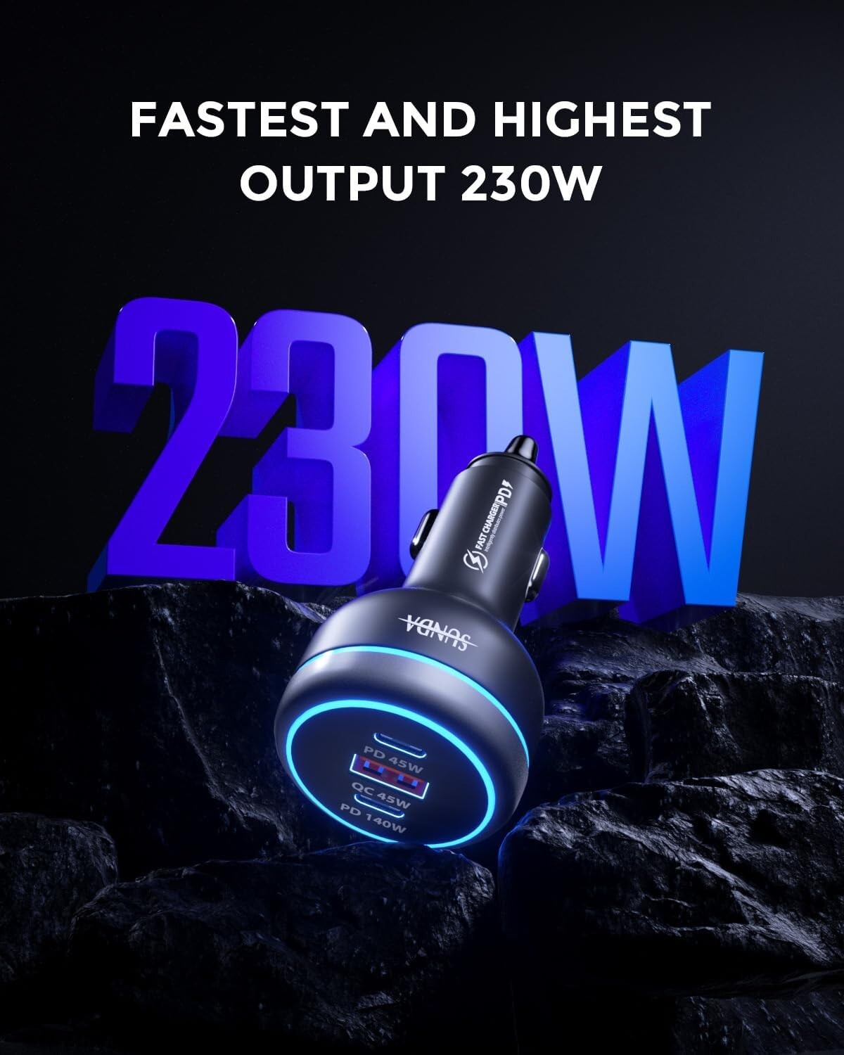 Super Fast Car Charger: 230W USB-C with QC 3.0 & Dual Ports for Fast Charging