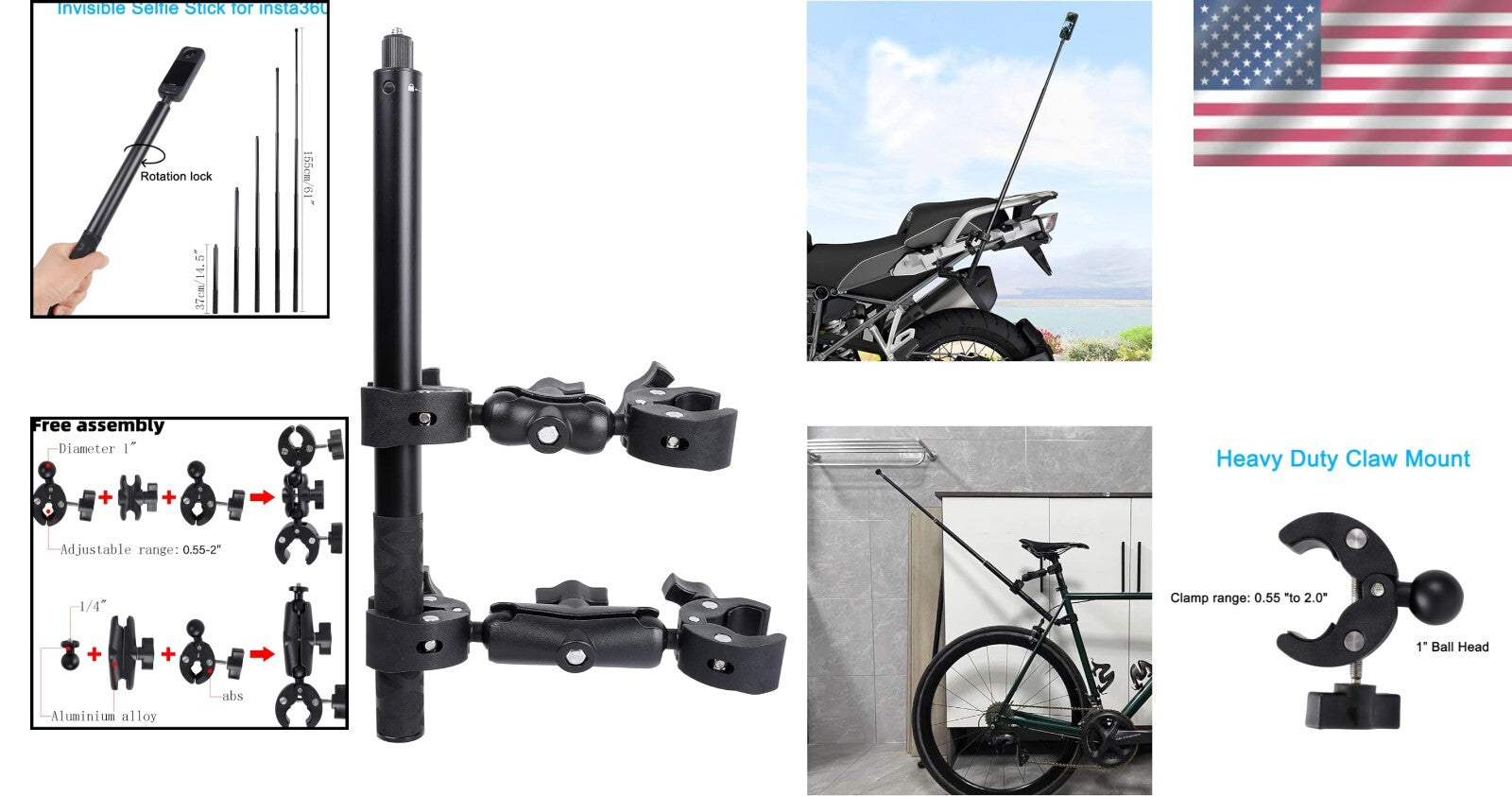 Heavy-Duty Clamp Mount with 61-Inch Selfie Stick for Biking & Riding Adventures