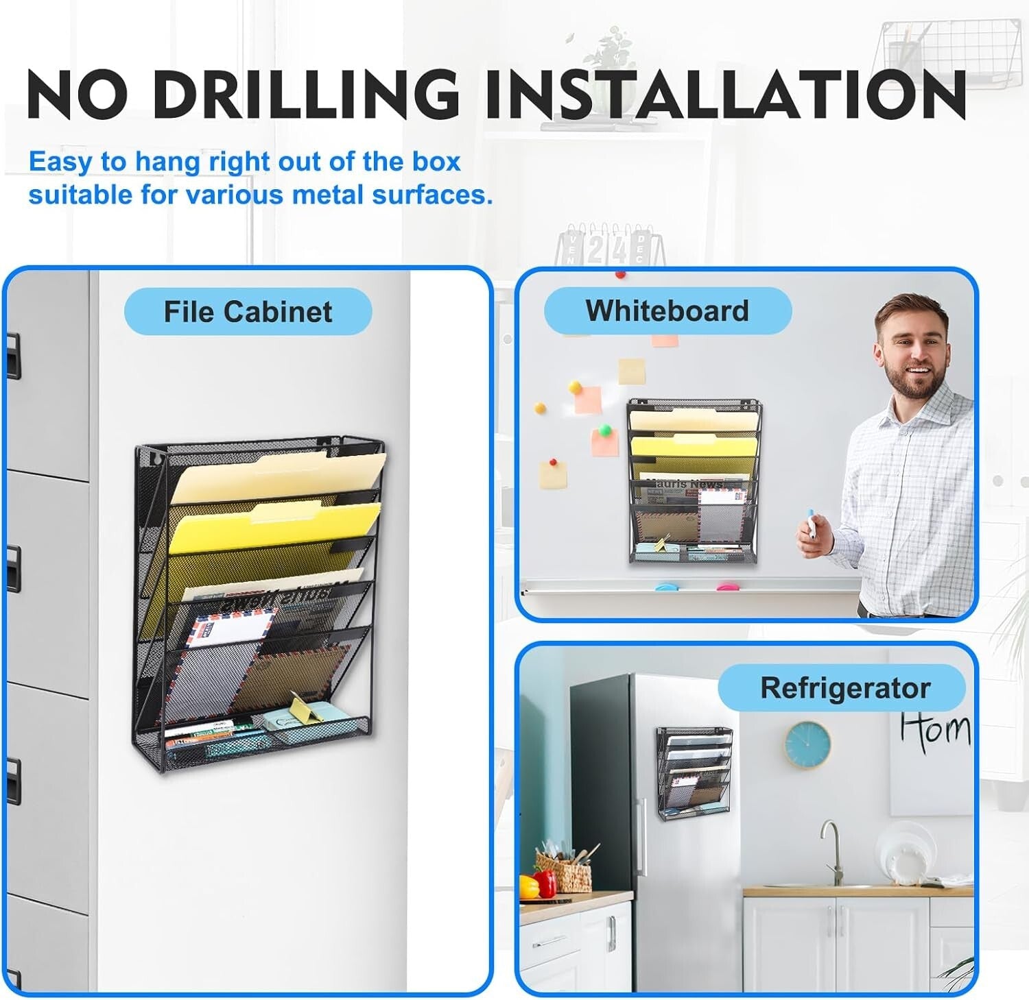 6-Tier Magnetic Wall-Mounted File Organizer - Stylish Black & Space-Saving