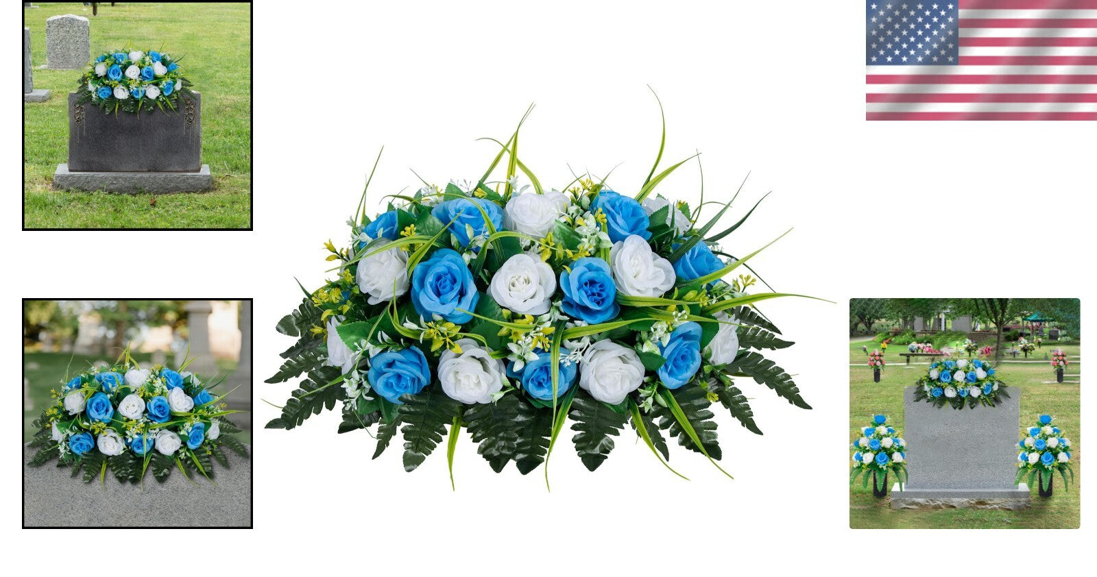Elegant Artificial Cemetery Flowers Saddle - Light Blue & White Rose Decor