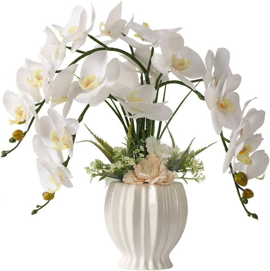 Lifelike Faux Orchid in White Pot - Ideal for Indoor Decoration and Centerpieces