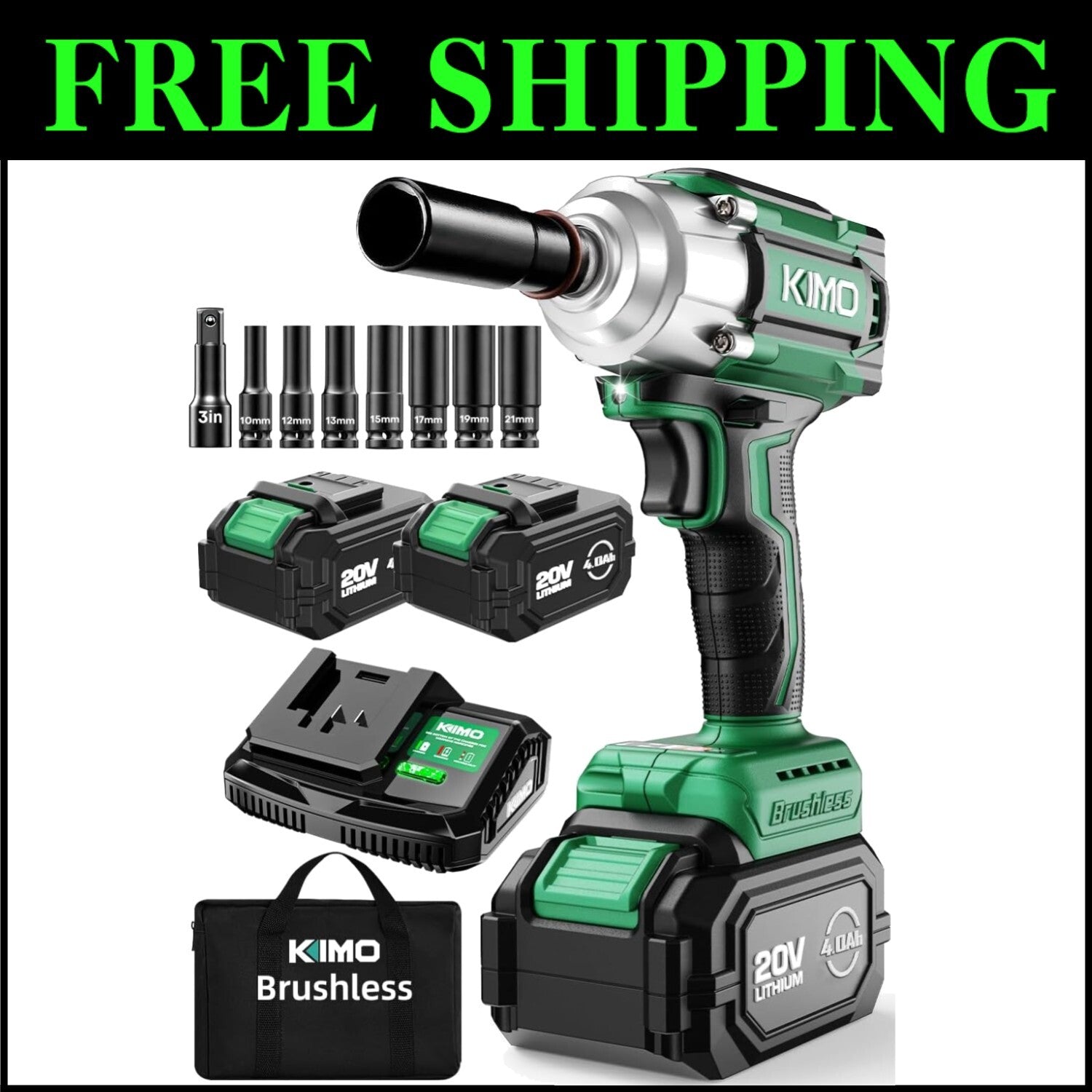 Powerful KIMO 1/2” Impact Wrench with 2x4.0Ah Batteries & 7 Sockets Included
