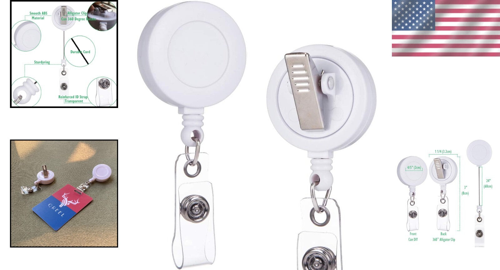 Bulk 100 White Retractable ID Badge Reels with 24-Inch Cord - Office & School