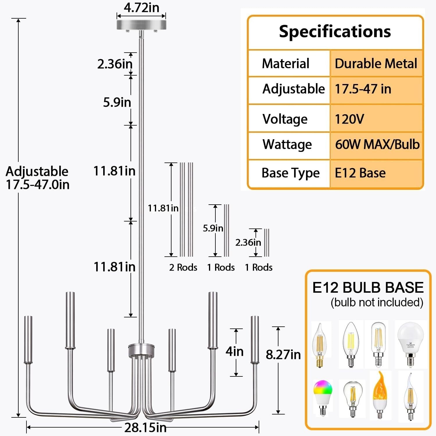 Adjustable Height 6-Light Brushed Nickel Chandelier - Modern Farmhouse Style
