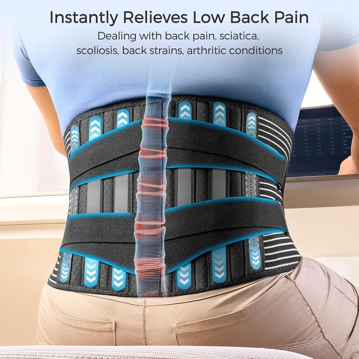 Durable Back Brace with 16-Hole Mesh for Pain Relief - Comfortable Fit for All