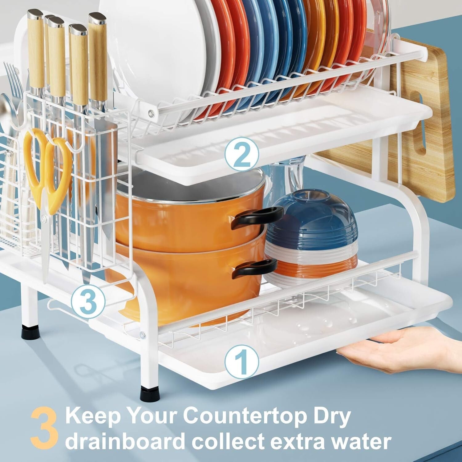 Durable Stainless Steel Dish Drying Rack - 2 Tiers with Utensil & Knife Storage