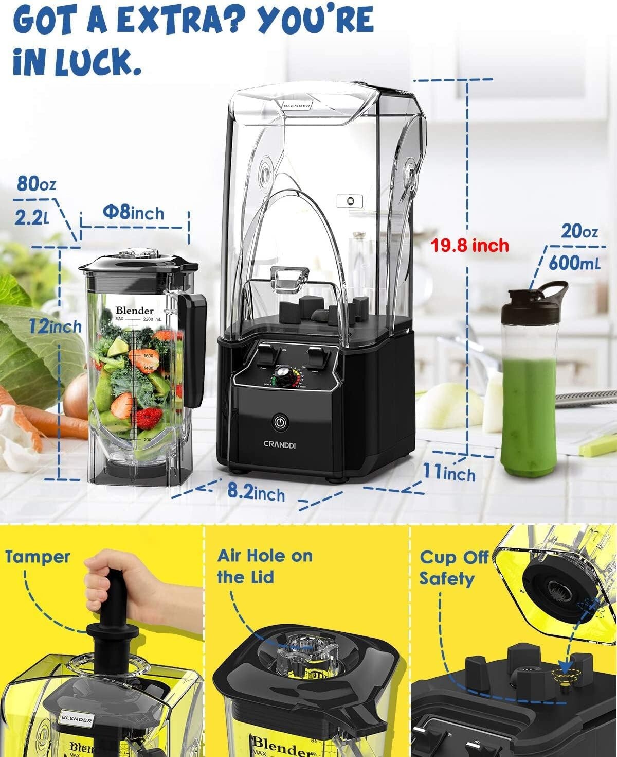 K90 Black Professional Blender - 80oz Capacity with Noise Reduction Shield