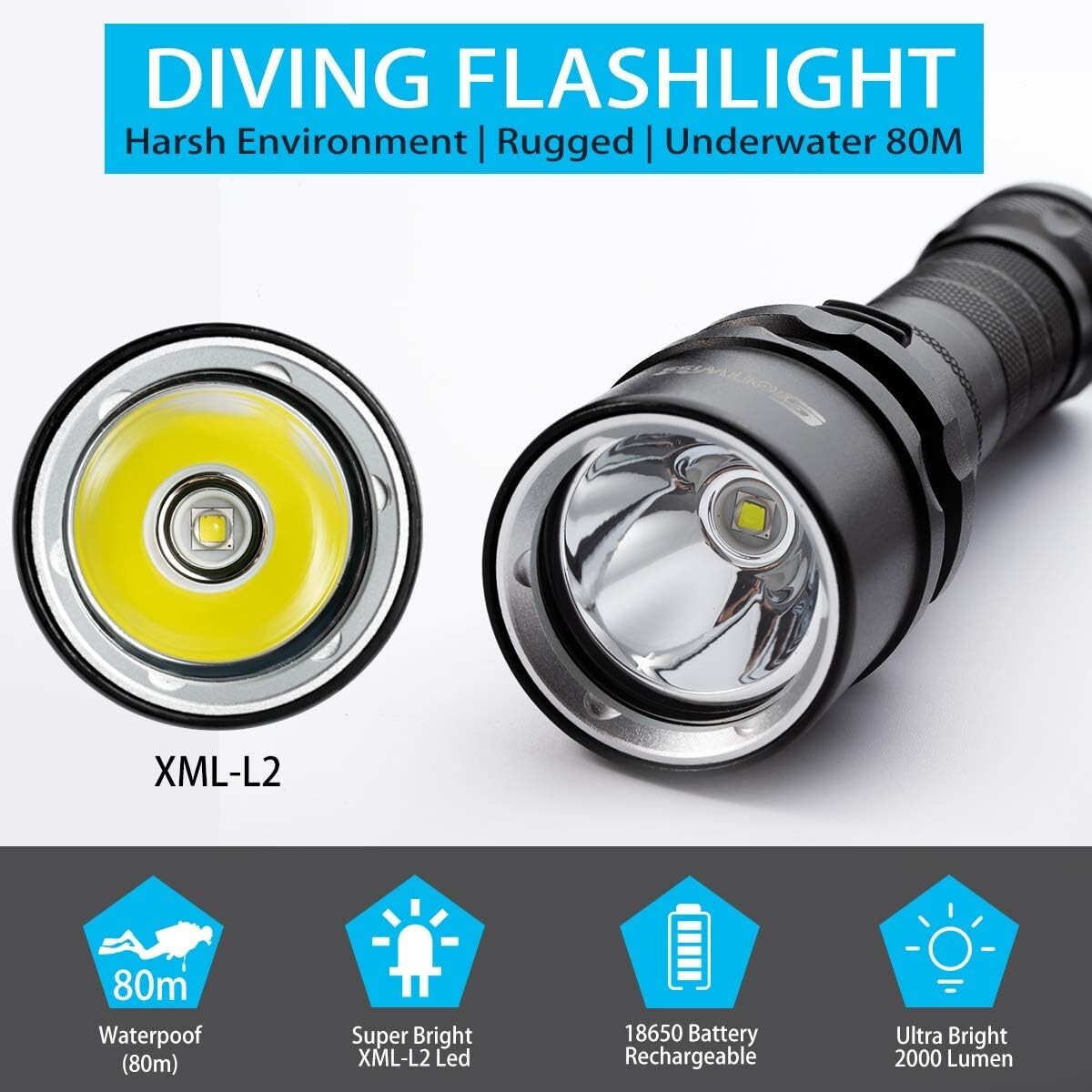 2000 Lumen Waterproof Diving Flashlight - Rechargeable LED Torch for Adventures