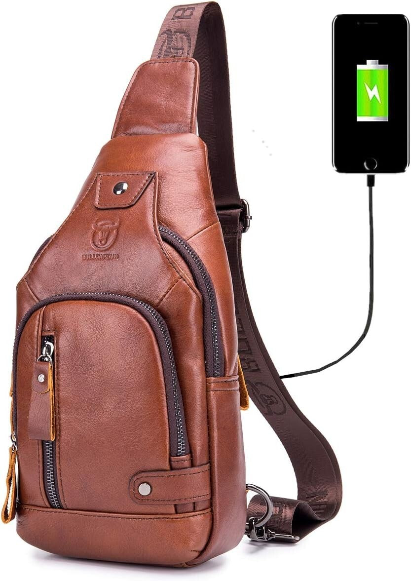 Compact Chest Bag for Men - Genuine Leather with USB Charging & Multi-Pockets