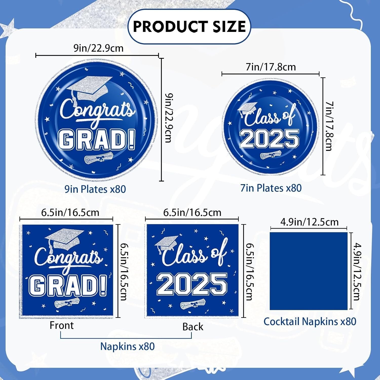 Elegant Blue White Graduation Party Set - 320-Piece Disposable Dinnerware for 80